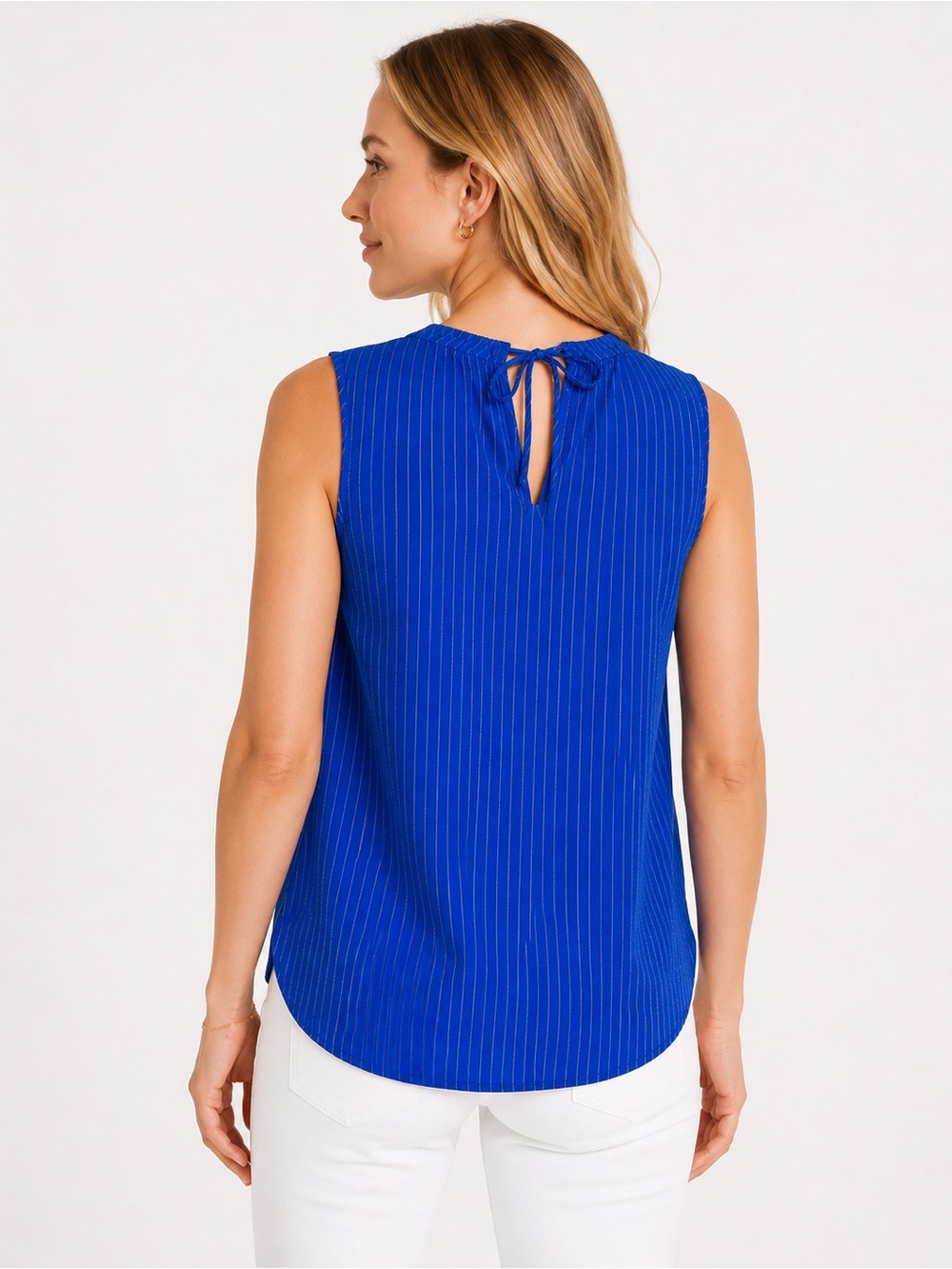 LOFT Outlet Blue Pinstripe Sleeveless Blouse Medium Tie Back Top - Picture 3 of 12